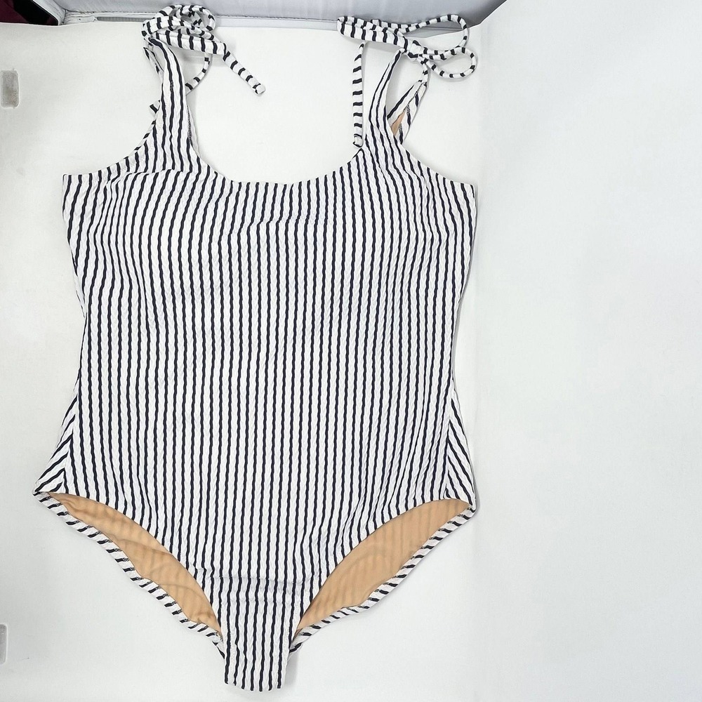 J Crew One Piece Swimsuit Wms XXL Navy Blue White Stripe Nautical Tie Shoulder